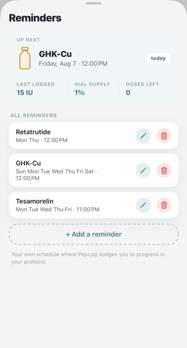 PepLog Reminders screen: an up-next reminder for a scheduled entry, per-peptide reminder schedules, and an add-a-reminder row